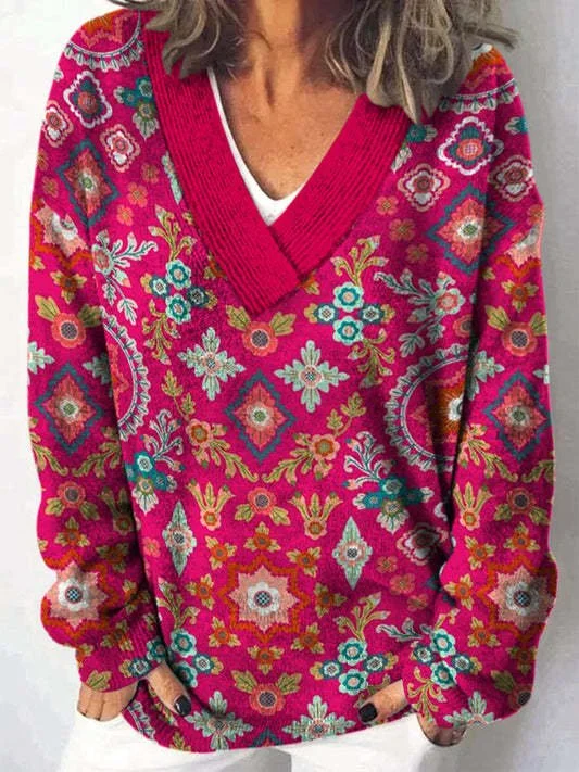 Pulls Femmes Décontracté Ethnique Printemps / Automne Col V Micro-élasticité Ample Régulier Droit Régulier