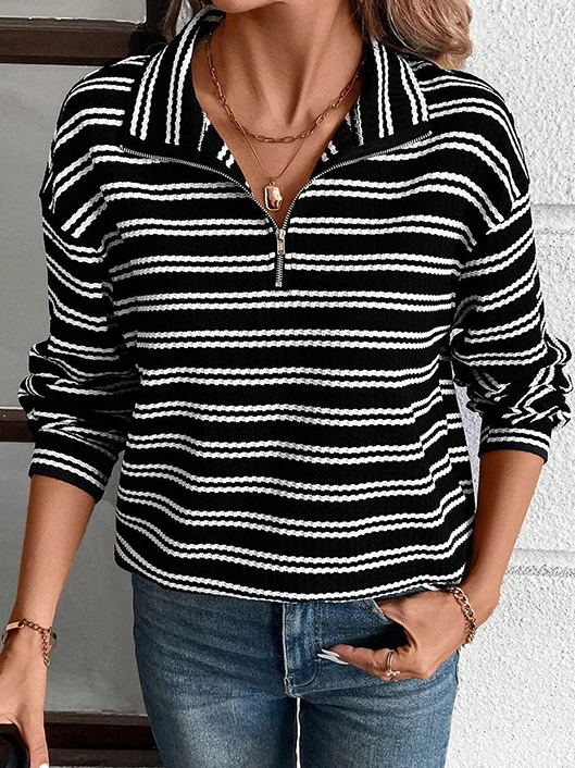 Sweat-shirts Femmes Rayé Décontracté Printemps / Automne Zip Manches Longues Col Châle Droit Régulier Non