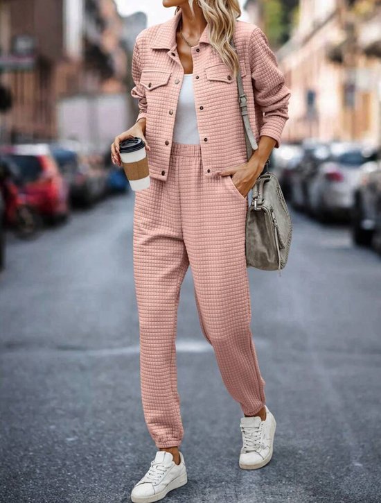 Deux Pièces Ensembles Femmes Décontracté Plain Printemps / Automne Naturel Micro-élasticité Jersey Col Châle Top Avec Pantalons Droit