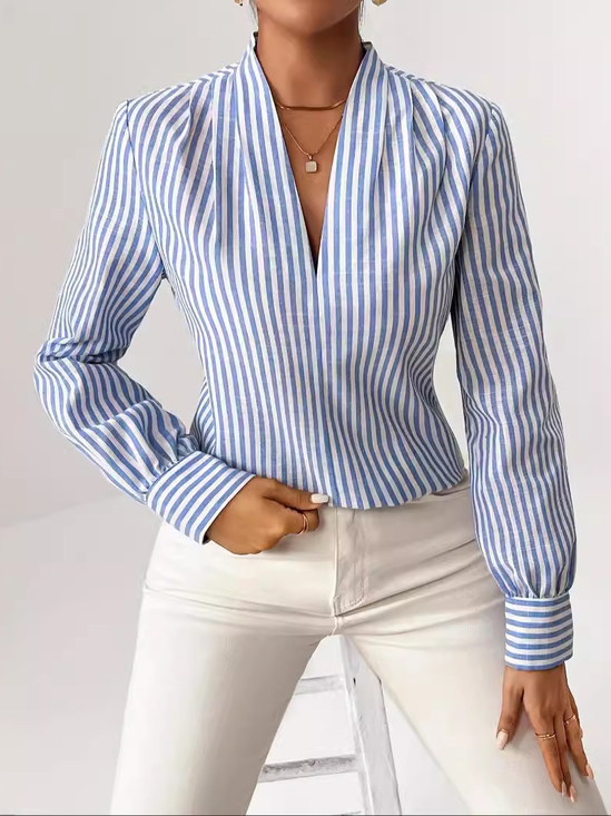 Chemisiers1 Rayé Décontracté Printemps / Automne Polyester Col V Quotidien Ample Régulier Régulier pour Femmes