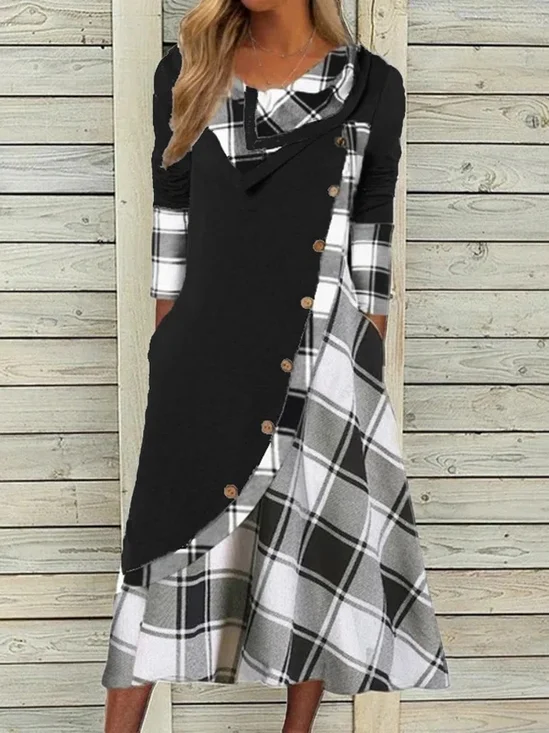 Robes Décontracté Printemps / Automne Plaid Micro-élasticité Quotidien Ample Maxi Manches Longues Régulier pour Femmes