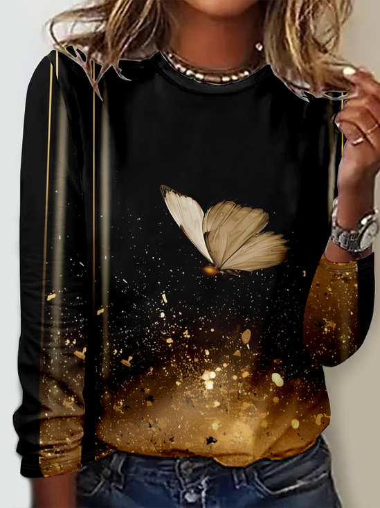 T-shirts Femmes Décontracté Printemps / Automne Papillon Quotidien Jersey Col Rond Régulier Droit Régulier