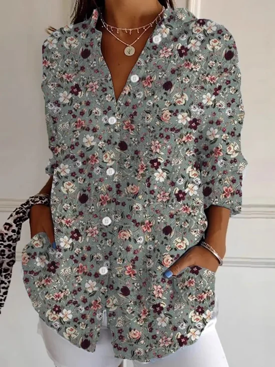 Chemises Femmes Décontracté Floral Printemps / Automne Polyester Aucune élasticité Quotidien Régulier Régulier Col de Chemise