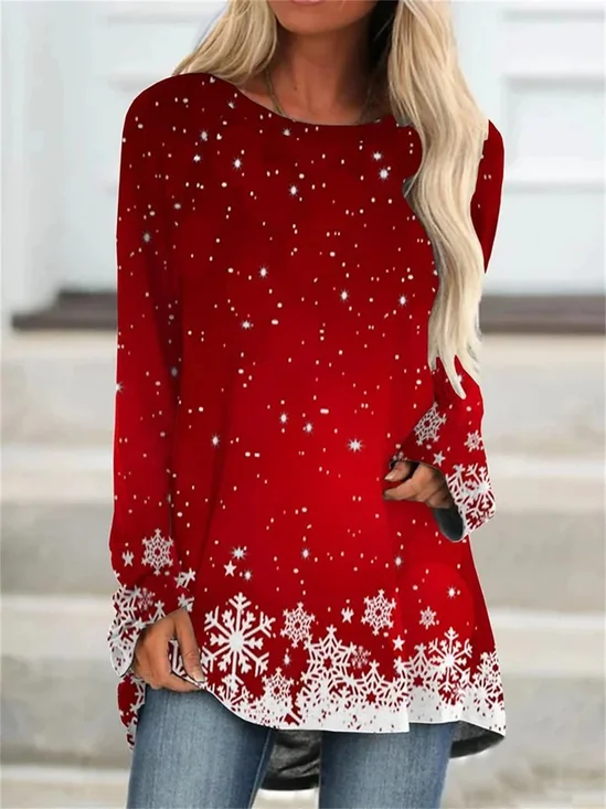 T-shirts Femmes Décontracté Printemps / Automne Flocon de Neige Polyester Micro-élasticité Manches Longues Col Rond Mi-long Régulier