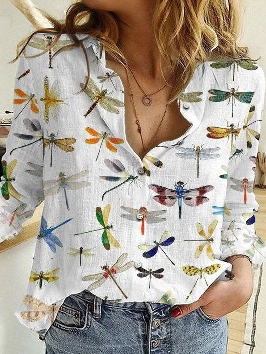 Chemises Décontracté Libellule Printemps / Automne Quotidien Manches Longues Régulier Droit Régulier Col de Chemise pour Femmes