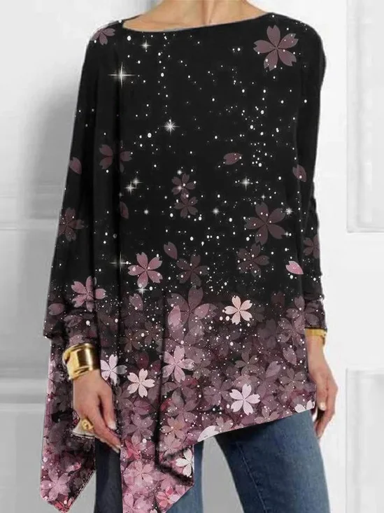 Chemisiers1 Femmes Décontracté Floral Printemps / Automne Micro-élasticité Ample Jersey Manches Longues Mi-long Droit