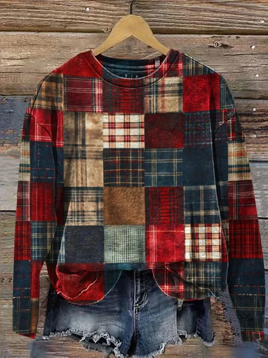Sweat-shirts Rétro Printemps / Automne Plaid Polyester Micro-élasticité Ample Régulier Droit Régulier pour Femmes