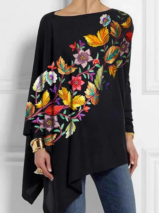 Chemisiers1 Décontracté Floral Printemps / Automne Micro-élasticité Quotidien Jersey Manches Longues Mi-long Régulier pour Femmes