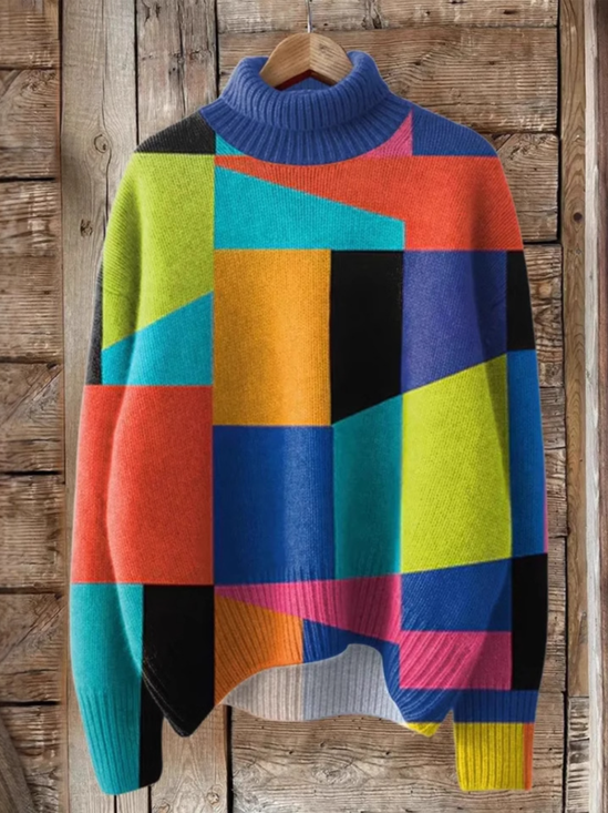Sweat-shirts Géométrique Décontracté Printemps / Automne Polyester Micro-élasticité Manches Longues Col Roulé Régulier Droit pour Femmes