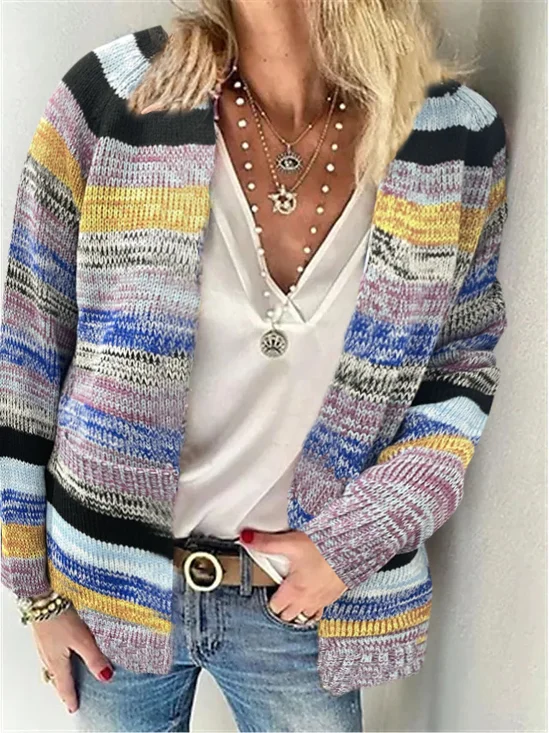 Cardigans Décontracté Printemps / Automne Multicolore Bloc Micro-élasticité Ample Manches Longues Fil/fil de laine Droit Régulier pour Femmes