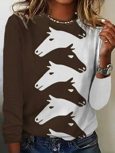 T-shirts Décontracté Printemps / Automne cheval Micro-élasticité Quotidien Jersey Manches Longues Droit Régulier pour Femmes