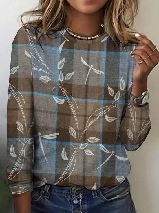 T-shirts Rétro Printemps / Automne Plaid Coton Micro-élasticité Coupe Régulière Manches Longues Trapèze Régulier pour Femmes