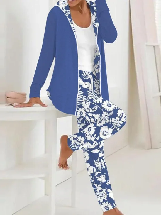 Deux Pièces Ensembles Décontracté Floral Printemps / Automne Polyester Quotidien Manches Longues Manteau avec Pantalons Droit Régulier pour Femmes