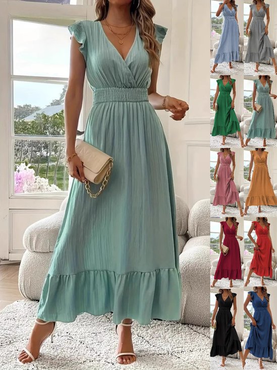 Robes Femmes Rétro Plain Été Polyester Col V Manches Drapées Maxi Trapèze Régulier