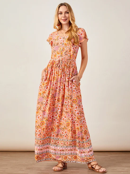 Robes Floral Boho Été Léger Décontracté Manches courtes Ample Mélange de coton H-Line pour femme
