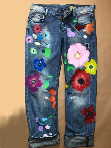 Jeans Casual Floral All Season Mid-weight Ankle Pants Loose Straight pants Denim H-Line for Women