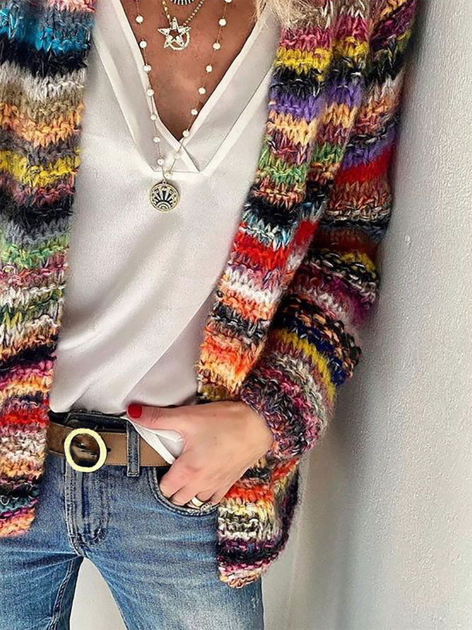 Pull manteau Femme Rayé Boho   Manche LongueLache Laine/Tricot Sans Col