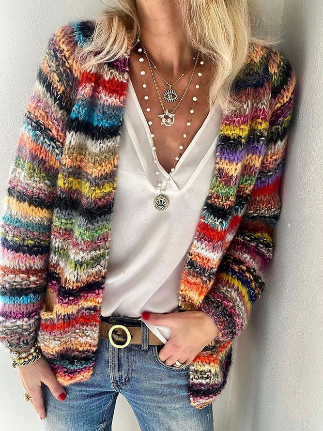 Pull manteau Femme Rayé Boho   Manche LongueLache Laine/Tricot Sans Col