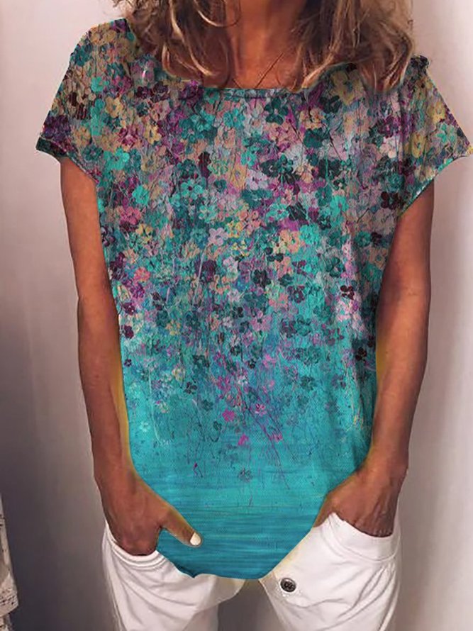 T-shirt Floral Vintage Été Micro-élasticité Décontracté Manches courtes Ample Mélange de coton Régulier pour Femme