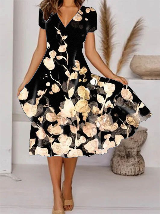 Robes Femme Floral Boho Été Coton Col en V Léger Long Fit X-Line
