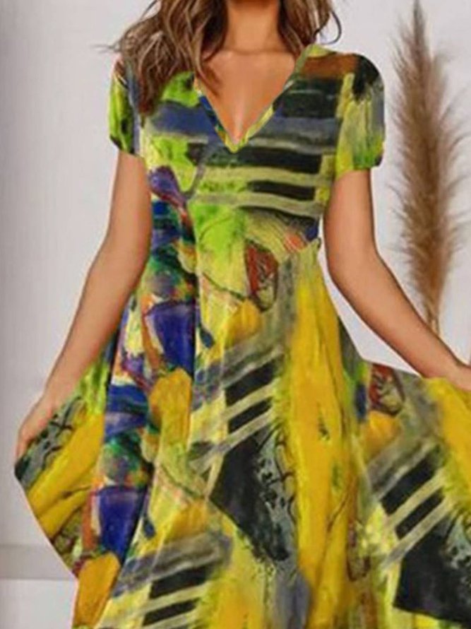 Robes Femme Vintage Floral Été Polyester A-line Pas d'élasticité Longue Manches courtes A-ligne