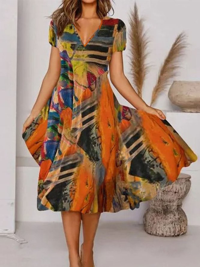 Robes Femme Vintage Floral Été Polyester A-line Pas d'élasticité Longue Manches courtes A-ligne