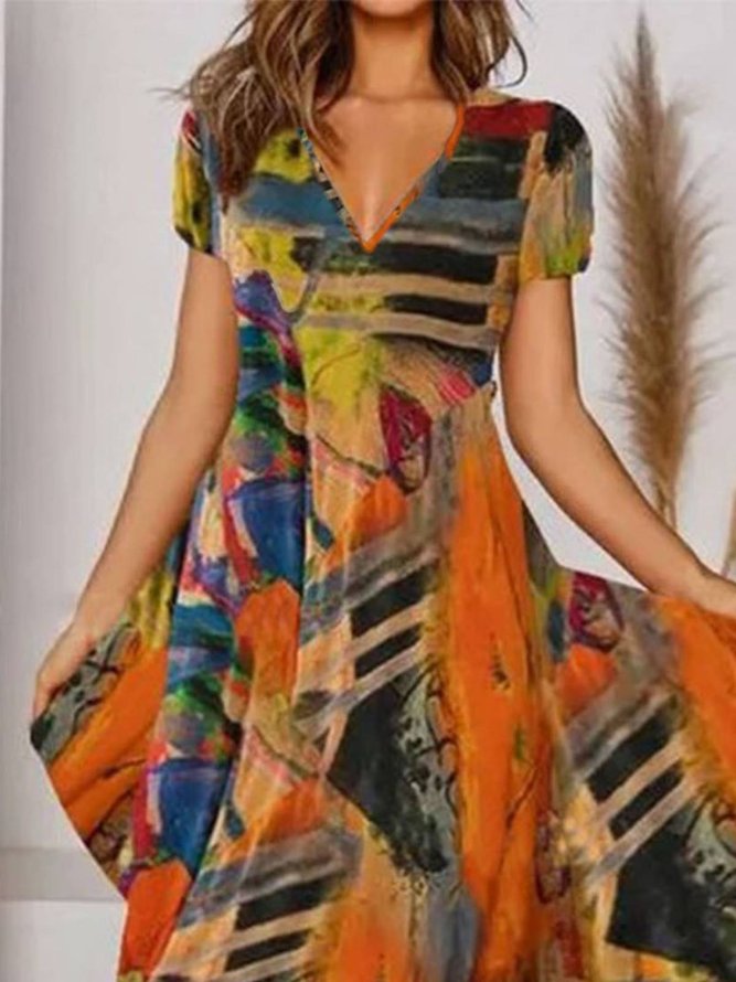 Robes Femme Vintage Floral Été Polyester A-line Pas d'élasticité Longue Manches courtes A-ligne