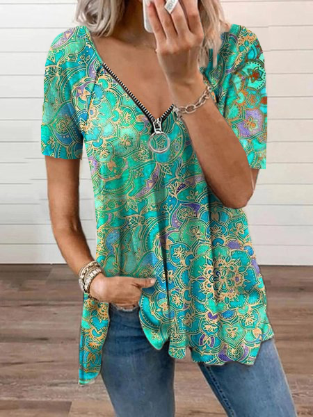 T-shirt Décontracté Ethnique Eté Micro-élasticité Quotidien Polyester Coton Manches courtes Régulier H-Line pour Femme