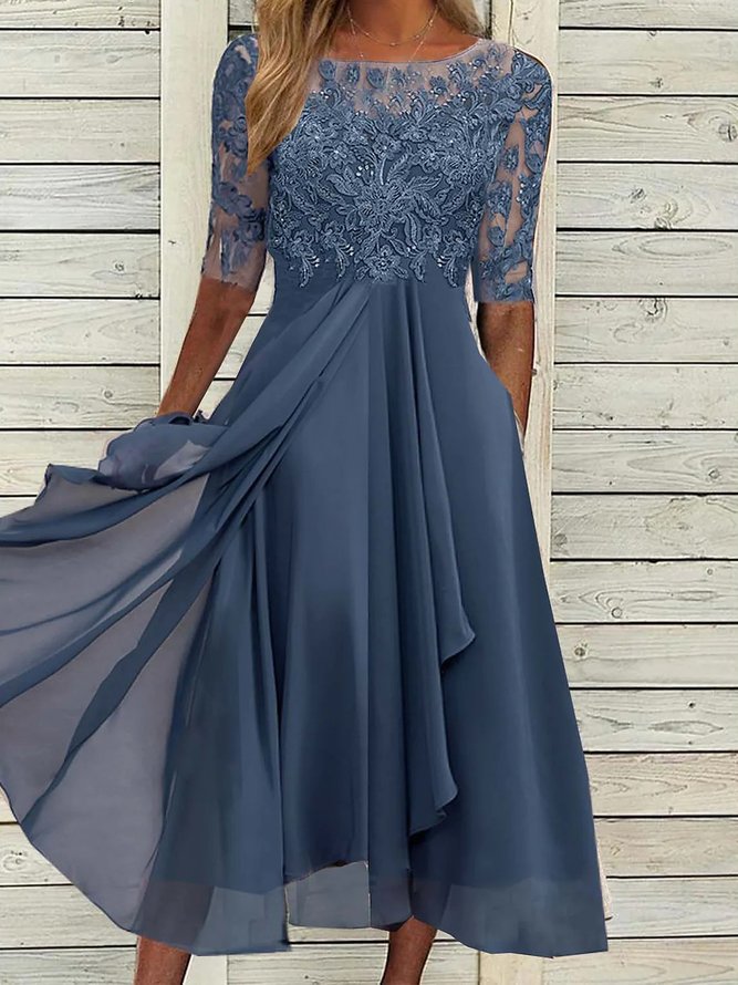 Robe Femme Plaine élé  Polyester Col Ras du Cou Sans élasticité Midi Demi Manches Fit