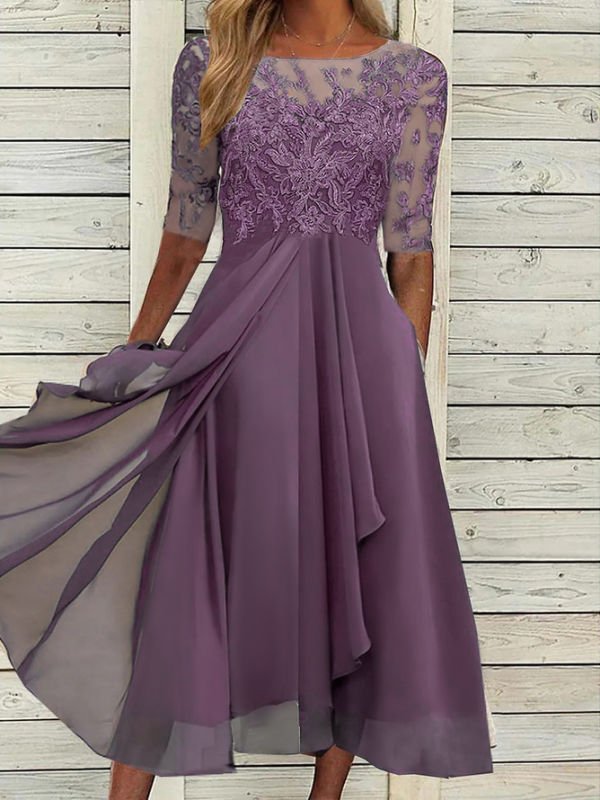 Robe Femme Plaine élé  Polyester Col Ras du Cou Sans élasticité Midi Demi Manches Fit