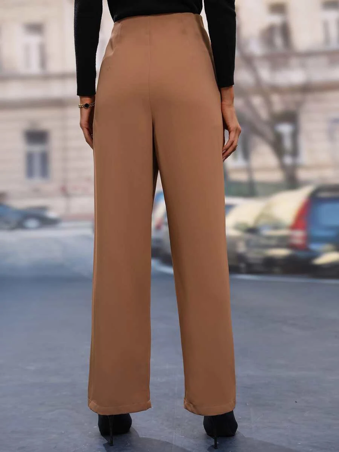 Mode Pantalons Plain Hiver Urbain Aucune élasticité Ample Pantalon droit Long H-ligne Régulier pour Femmes