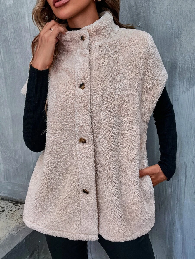 Caniche Blouson Femmes Décontracté Plain Hiver Naturel Faire la navette Manches Courtes Laine d'agneau H-ligne Demi col roulé