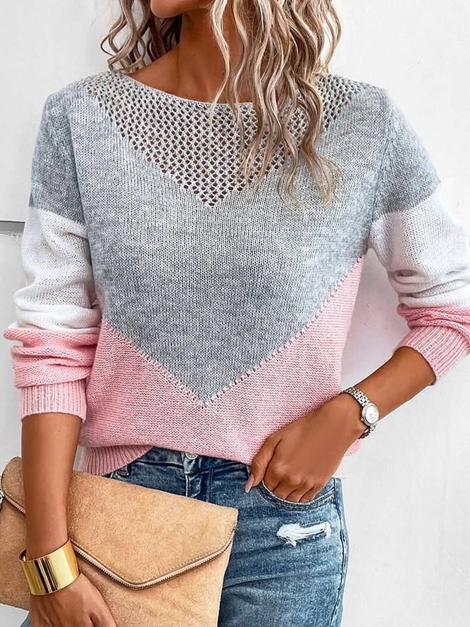 Pulls Décontracté Bloc de Couleur Automne Tricoté Aucune élasticité Quotidien Évidé Régulier Régulier pour Femmes