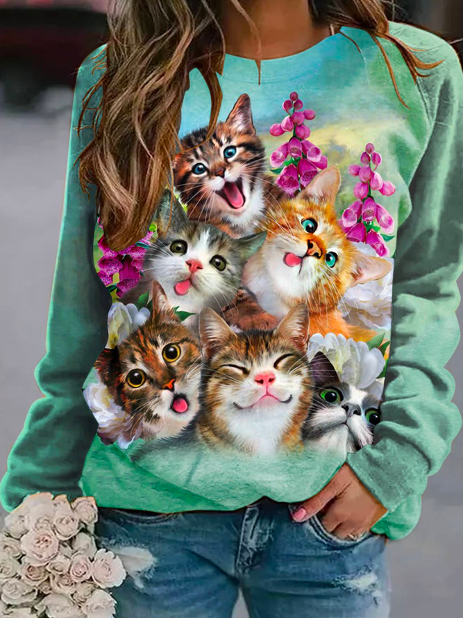 Sweat-shirts Décontracté Chat Printemps Micro-Élasticité Fête Ample Col Rond Régulier H-ligne pour Femmes