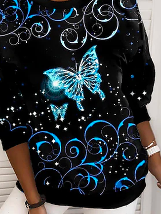 Sweat-shirts Femmes Papillon Boho Printemps Polyester Micro-élasticité Ample Manches Longues Col Rond Régulier