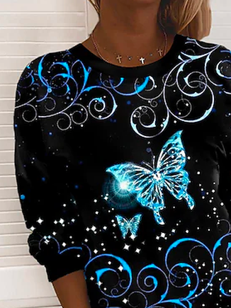 Sweat-shirts Femmes Papillon Boho Printemps Polyester Micro-élasticité Ample Manches Longues Col Rond Régulier