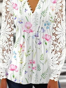 Tops Femmes Décontracté Floral Printemps Col V Micro-élasticité Coupe Régulière Manches Longues Régulier Régulier