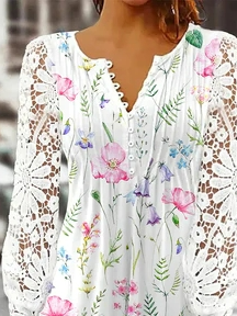 Tops Femmes Décontracté Floral Printemps Col V Micro-élasticité Coupe Régulière Manches Longues Régulier Régulier