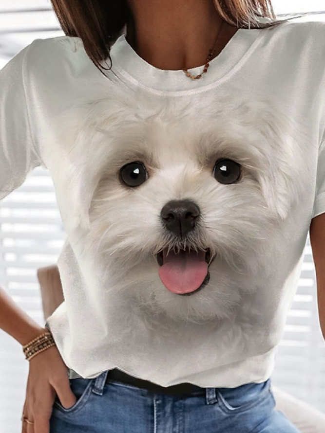 T-shirt Femmes Décontracté Chien Printemps Naturel Quotidien Coupe Régulière Coton Et Lin Col Rond Régulier