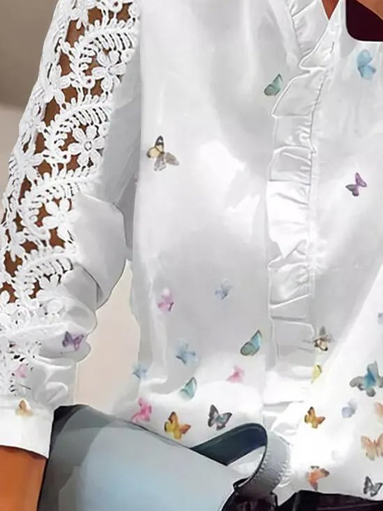 Blouse Décontracté Papillon Printemps Polyester Col V Manches Longues Régulier Droit Régulier pour Femmes