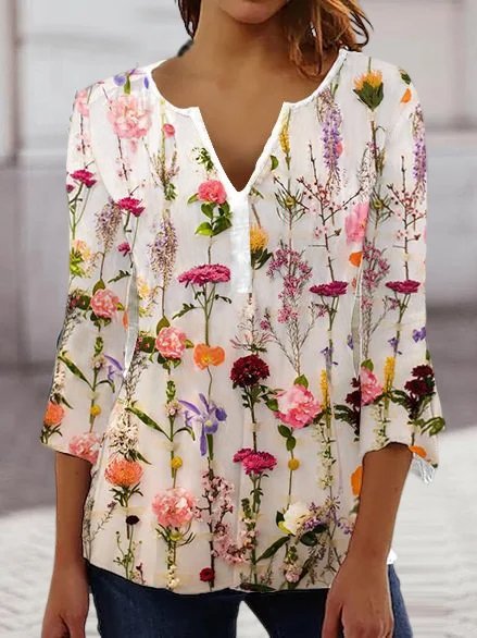 T-shirt Femmes Décontracté Floral Printemps Tricoté Col V Micro-élasticité Quotidien Manches Longues Régulier