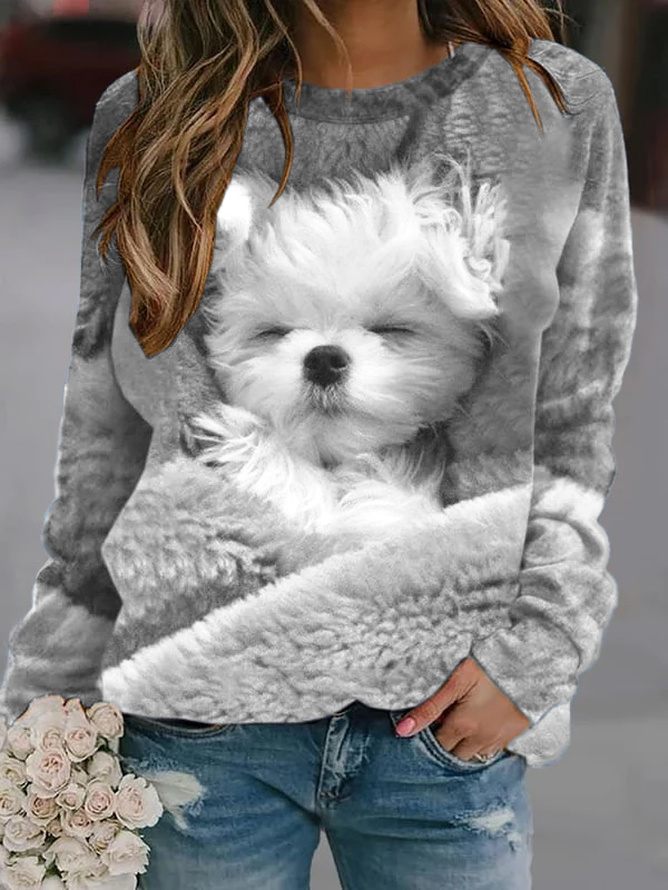 Sweat-shirts Femmes Décontracté Chien Printemps Polyester Micro-élasticité Coupe Régulière Col Rond Droit Régulier