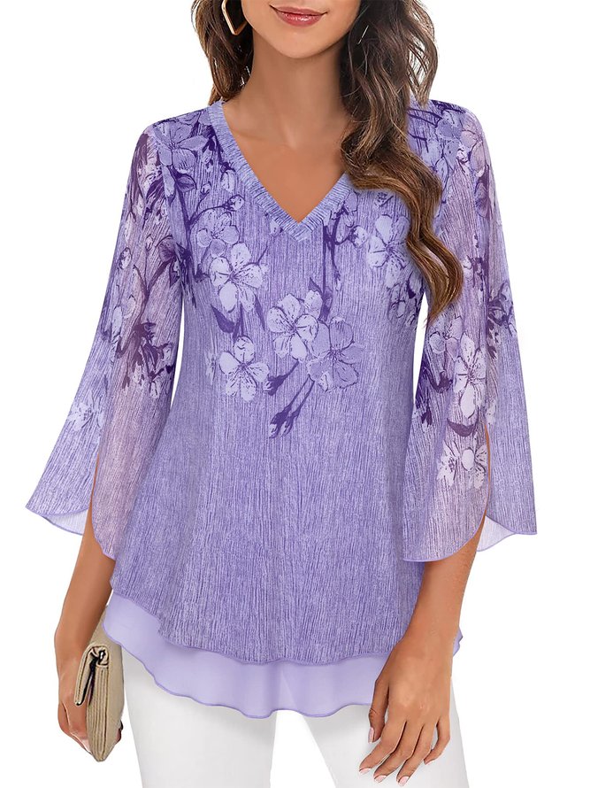 Chemises Floral Printemps / Automne Élégant Col V Quotidien Manches 3/4 Mi-long Régulier Élasticité moyenne pour Femmes