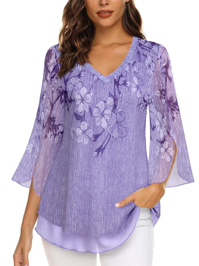 Chemises Floral Printemps / Automne Élégant Col V Quotidien Manches 3/4 Mi-long Régulier Élasticité moyenne pour Femmes