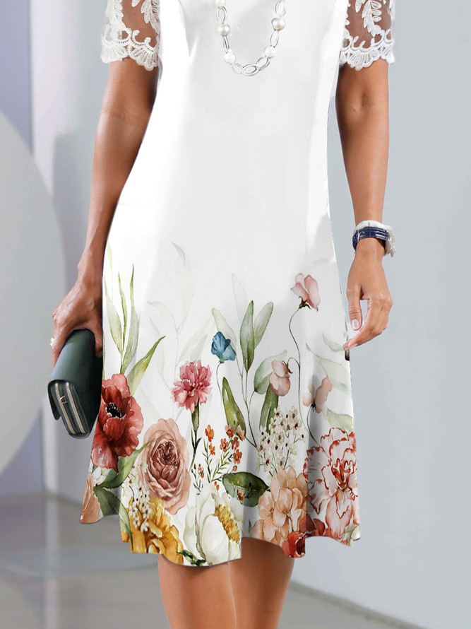 Robes Décontracté Floral Été Polyester Quotidien Dentelle Col Rond Robe t-shirt Élasticité moyenne pour Femmes