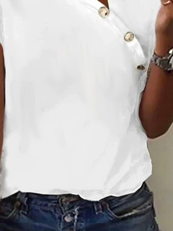 T-shirts Décontracté Plain Été Polyester Boutonné Manches Courtes Droit Régulier Asymétrique Collier pour Femmes