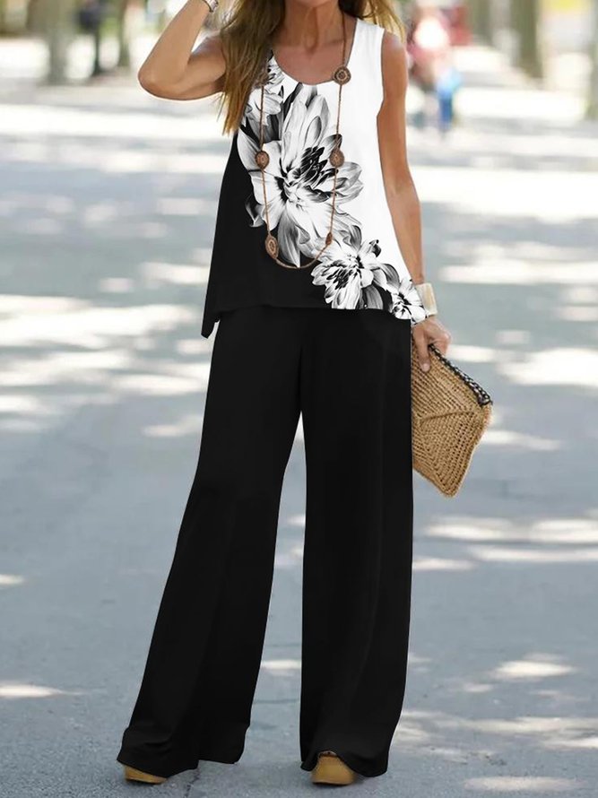 Deux Pièces Ensembles Femmes Décontracté Floral Été Micro-élasticité Ample Meilleure vente Top Avec Pantalons RS PC