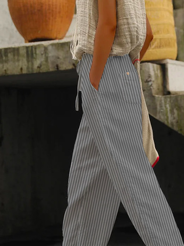 Pantalons Femmes Rayé Décontracté Toutes Les Saisons Coton Naturel Ample Pantalon navet Long Régulier
