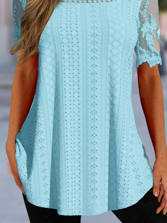 Chemises Plain Été Simple Polyester Col Carré Coupe Régulière Dentelle Manches Courtes Mi-long pour Femmes