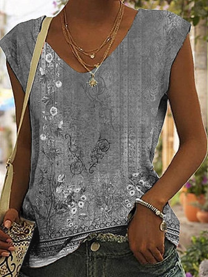 Top Débardeur Tops Femmes Floral Été Vacances Polyester Col V Quotidien Ample Sans Manches Régulier